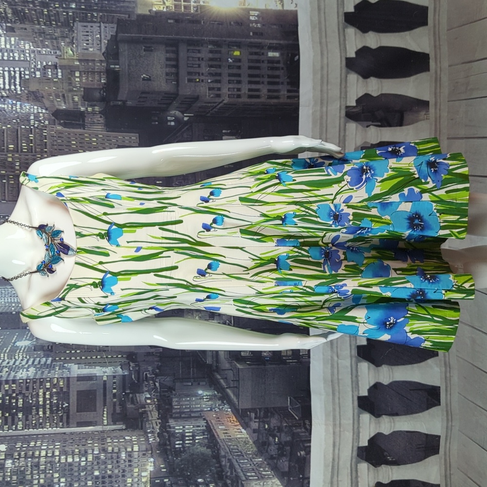 Dressbarn sz 10 Sleeveless White & Blue Floral Sleeveless Fit & Flare Dress